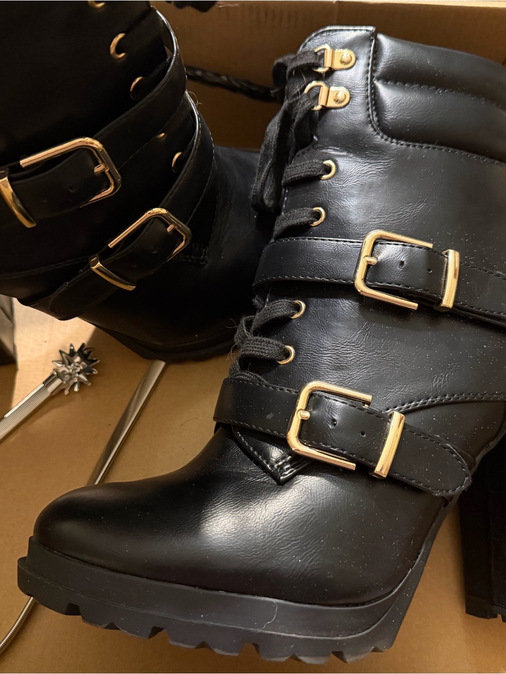 Shoe Dazzle Black Lace-Up Buckle Ankle Boots with Gold Accents
